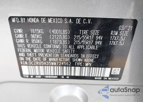 2021 Honda Hr-V 2Wd Lx from USA, damaged, VIN 3CZRU5H35MM724562